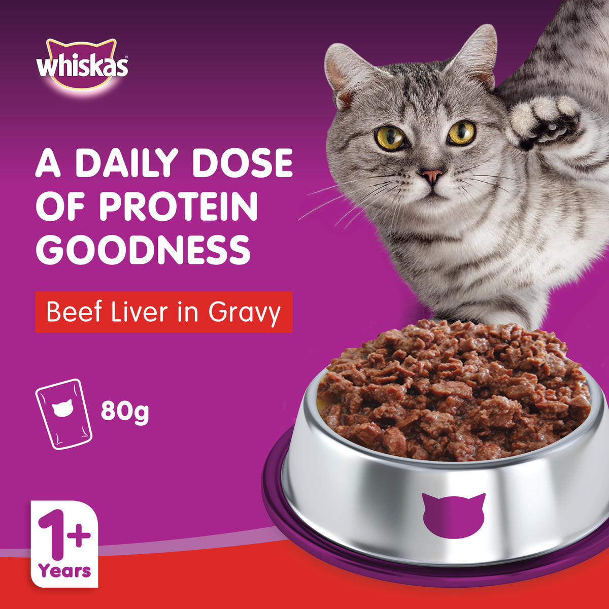GETIT.QA- Qatar’s Best Online Shopping Website offers WHISKAS BEEF LIVER IN GRAVY WET CAT FOOD POUCH FOR 1+ YEARS ADULT CATS 4 X 80 G at the lowest price in Qatar. Free Shipping & COD Available!