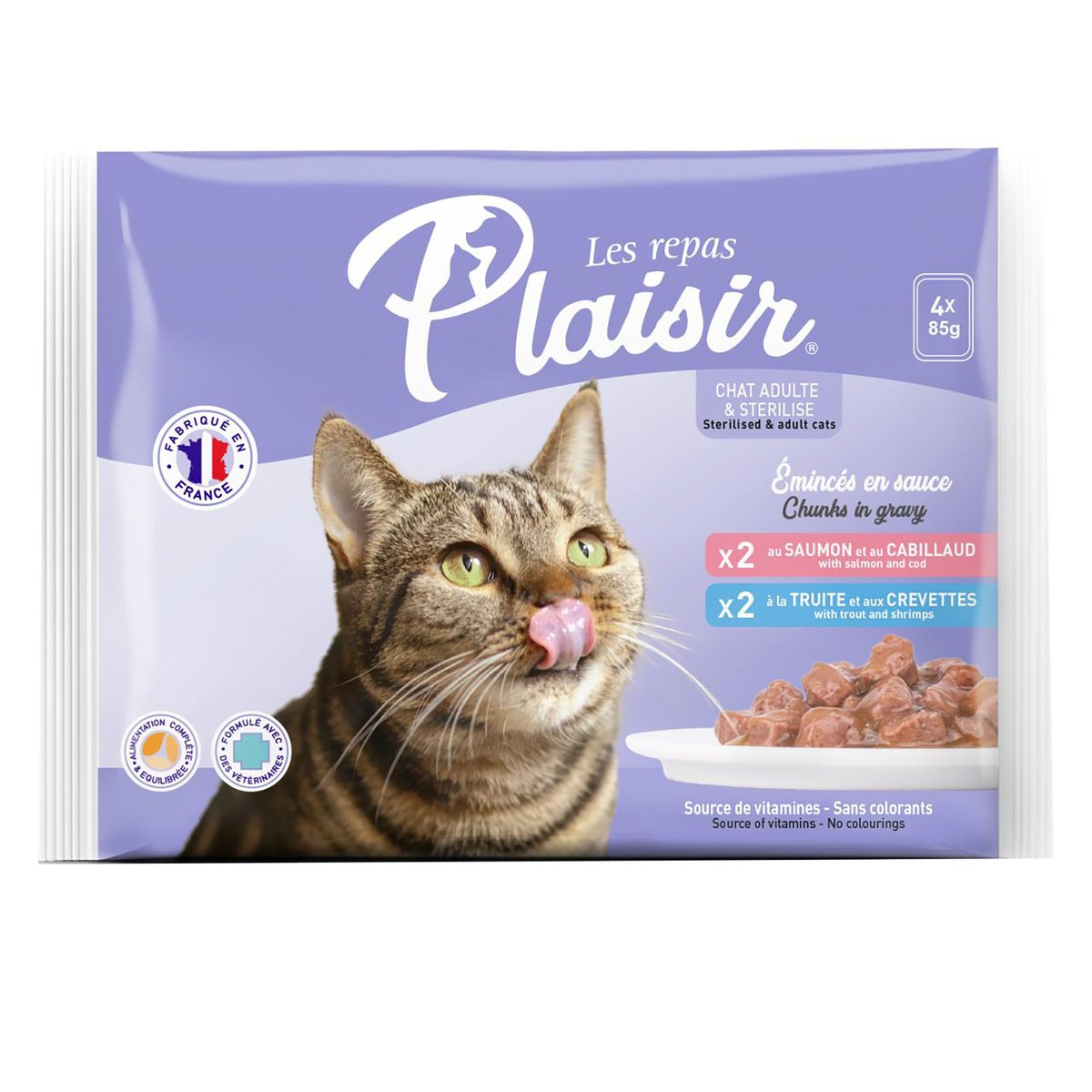 GETIT.QA- Qatar’s Best Online Shopping Website offers PLAISIR ADULT CAT FOOD SALMON & COD TROUT & SHRIMPS CHUNKS IN GRAVY 4 X 85 G
 at the lowest price in Qatar. Free Shipping & COD Available!