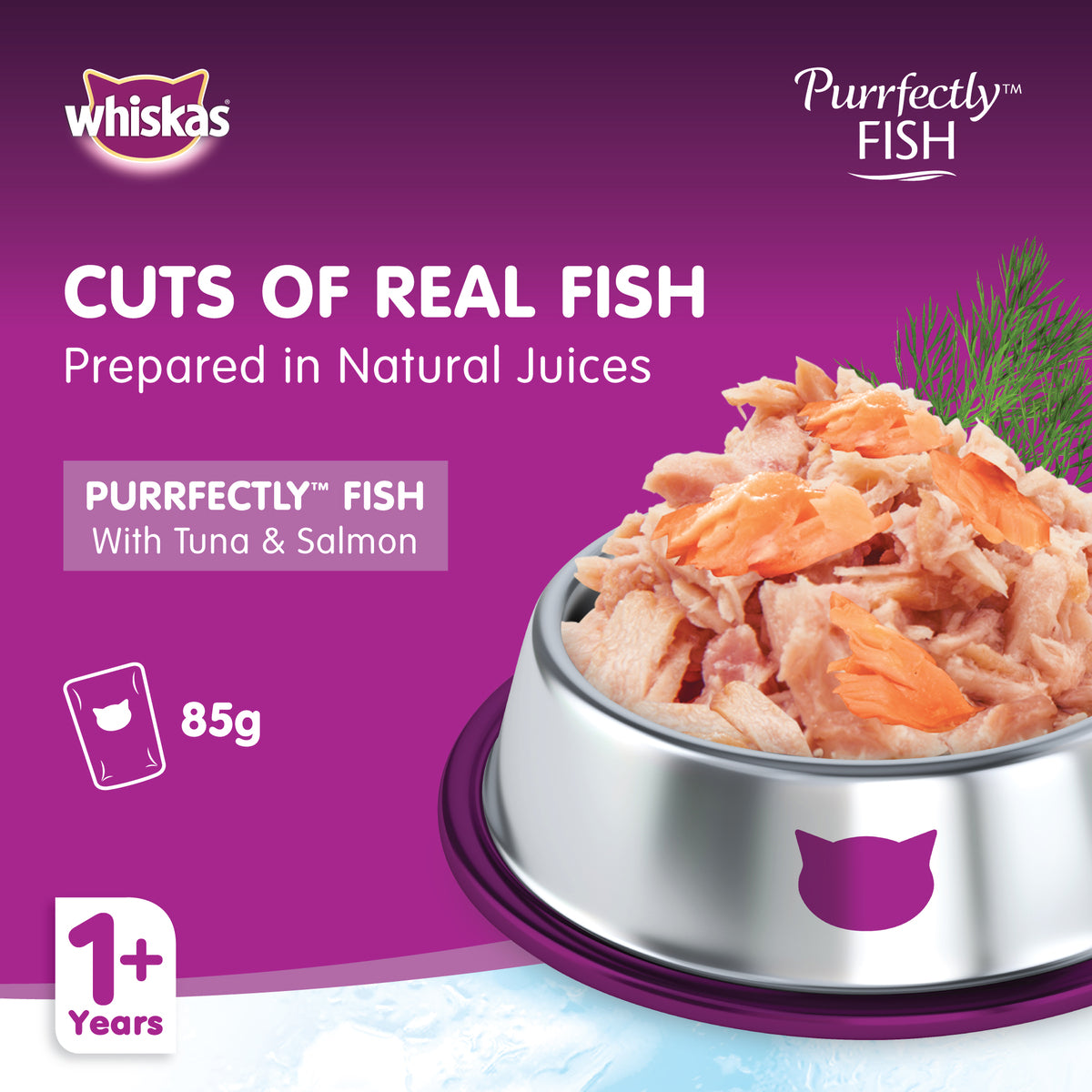 GETIT.QA- Qatar’s Best Online Shopping Website offers WHISKAS PURRFECTLY FISH WITH TUNA & SALMON WET CAT FOOD FOR ADULT CATS 85 G
 at the lowest price in Qatar. Free Shipping & COD Available!