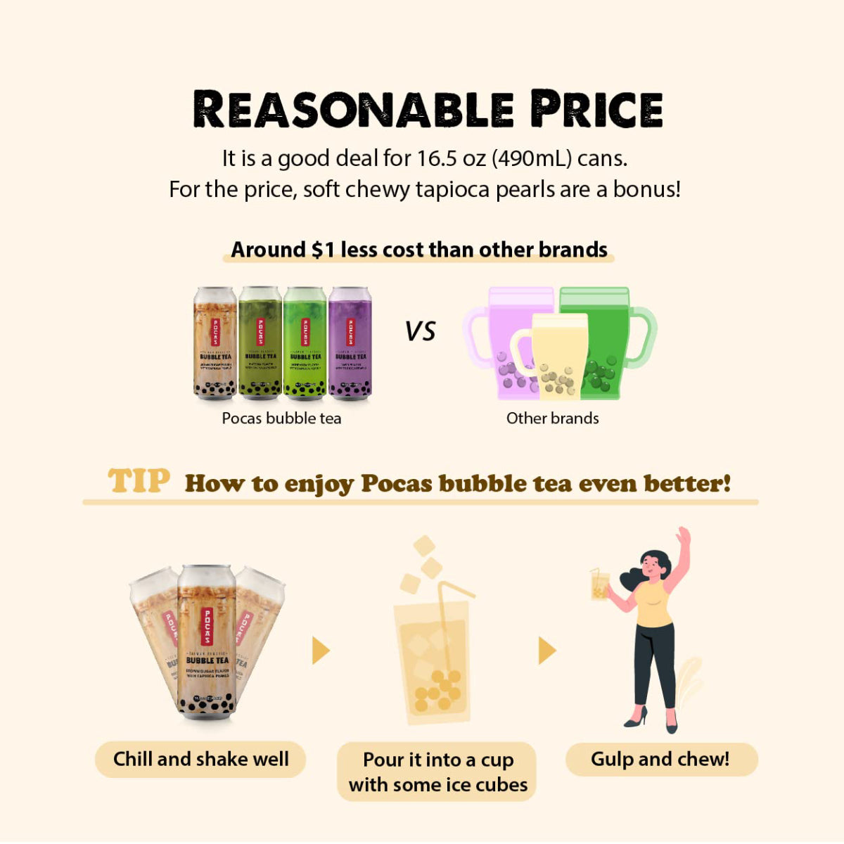 GETIT.QA- Qatar’s Best Online Shopping Website offers POCAS TAIWAN CLASSIC BUBBLE TEA BROWN SUGAR FLAVOR WITH TAPIOCA PEARLS 490 ML
 at the lowest price in Qatar. Free Shipping & COD Available!