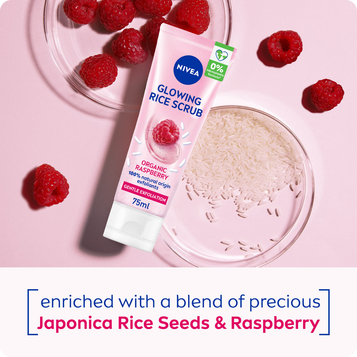 GETIT.QA- Qatar’s Best Online Shopping Website offers NIVEA GLOWING FACE RICE SCRUB ORGANIC RASPBERRY 75 ML at the lowest price in Qatar. Free Shipping & COD Available!