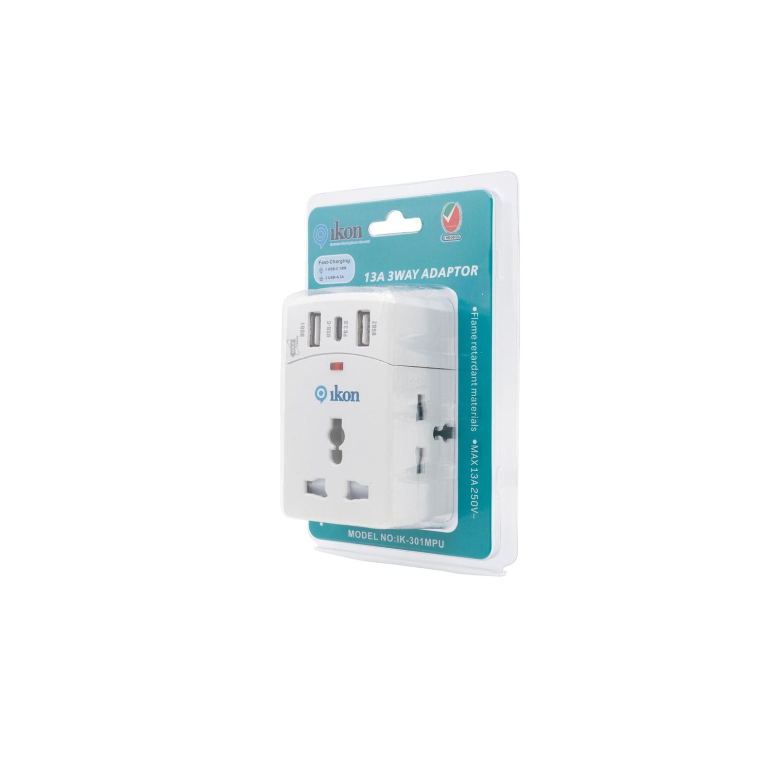 GETIT.QA- Qatar’s Best Online Shopping Website offers IKON 3 WAY ADAPTER WITH 2 USB-A AND 1USB-C PORTS, IK-301MPU at the lowest price in Qatar. Free Shipping & COD Available!