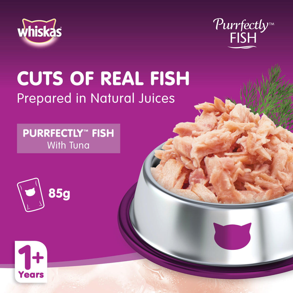 GETIT.QA- Qatar’s Best Online Shopping Website offers WHISKAS PURRFECTLY FISH WITH TUNA WET CAT FOOD FOR ADULT CATS 1+ YEARS 85G at the lowest price in Qatar. Free Shipping & COD Available!