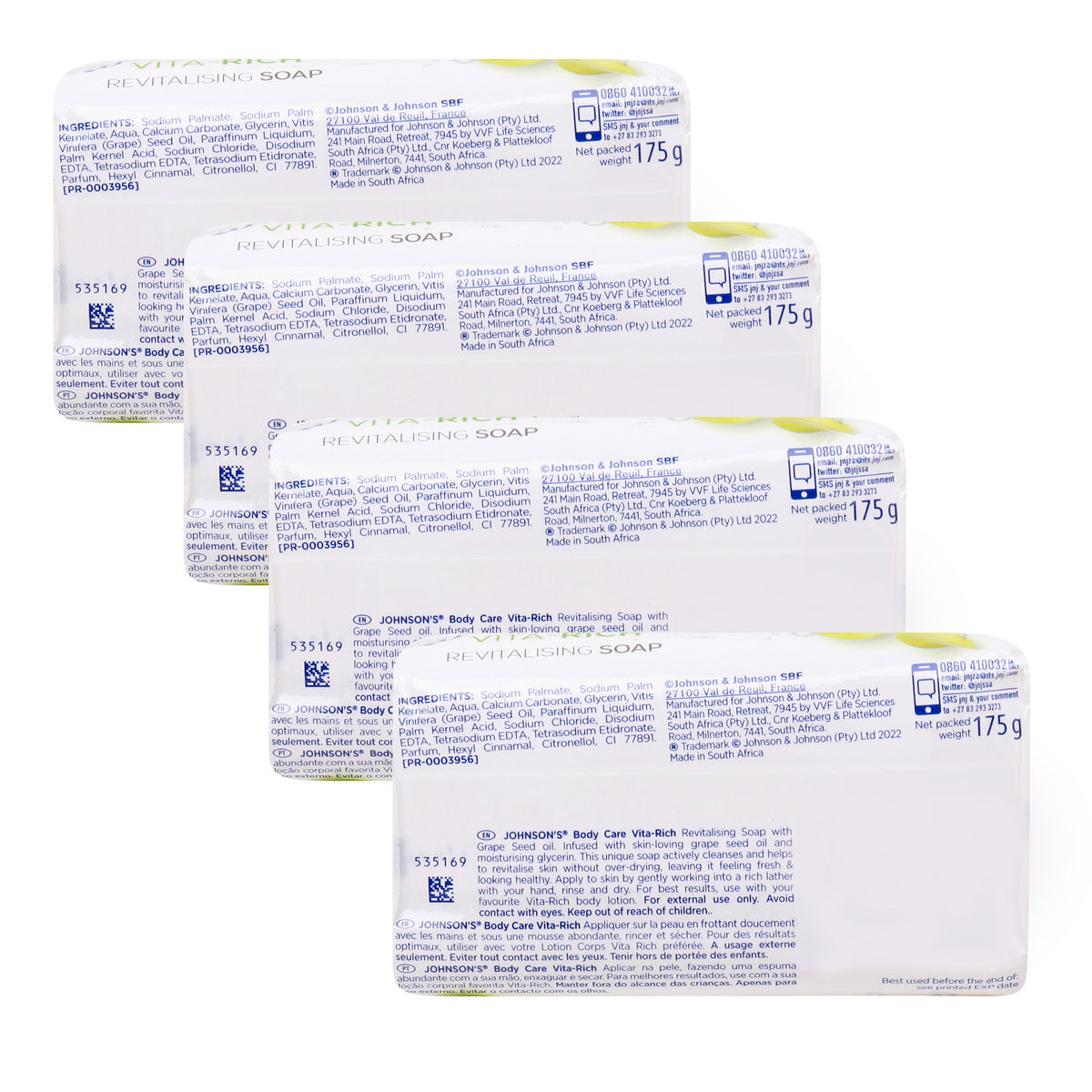 GETIT.QA- Qatar’s Best Online Shopping Website offers JOHNSON & JOHNSON VITA RICH REVITALISING GRAPE SEED OIL SOAP-- 4 X 175 G at the lowest price in Qatar. Free Shipping & COD Available!