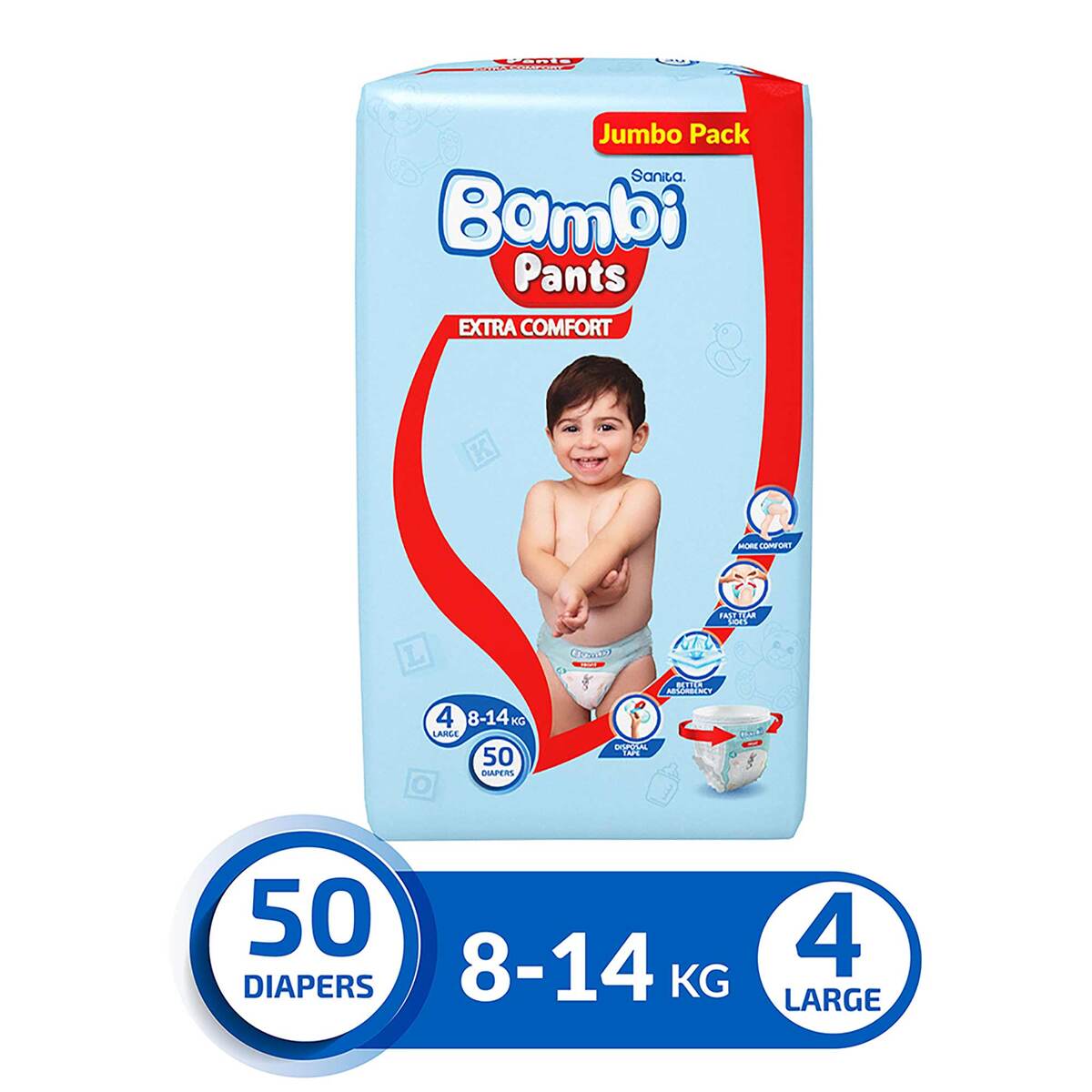 GETIT.QA- Qatar’s Best Online Shopping Website offers SANITA BAMBI BABY DIAPER PANTS SIZE 4 LARGE 8-14 KG 50 PCS at the lowest price in Qatar. Free Shipping & COD Available!