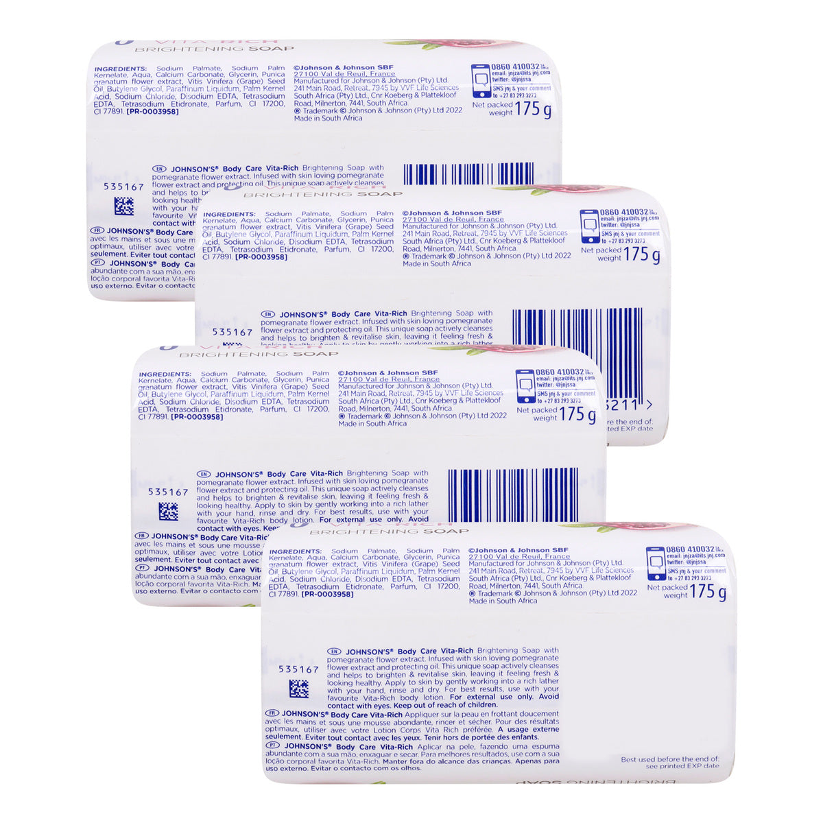 GETIT.QA- Qatar’s Best Online Shopping Website offers JOHNSON & JOHNSON ADULT VITA RICH BRIGHTENING POMEGRANATE SOAP-- 4 X 175 G at the lowest price in Qatar. Free Shipping & COD Available!