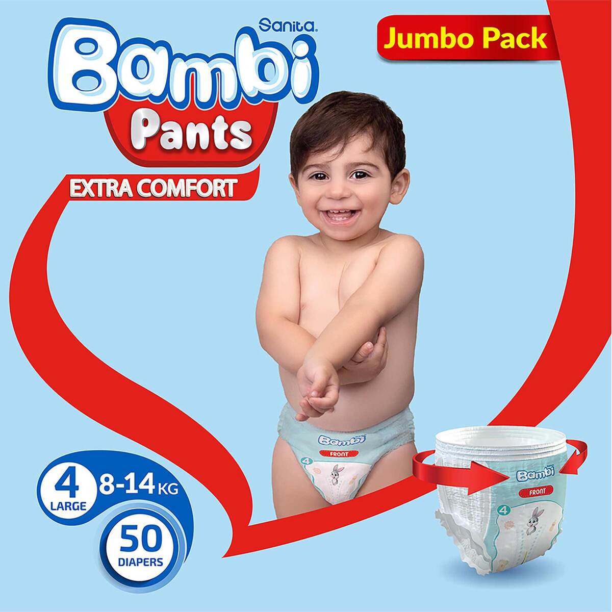 GETIT.QA- Qatar’s Best Online Shopping Website offers SANITA BAMBI BABY DIAPER PANTS SIZE 4 LARGE 8-14 KG 50 PCS at the lowest price in Qatar. Free Shipping & COD Available!