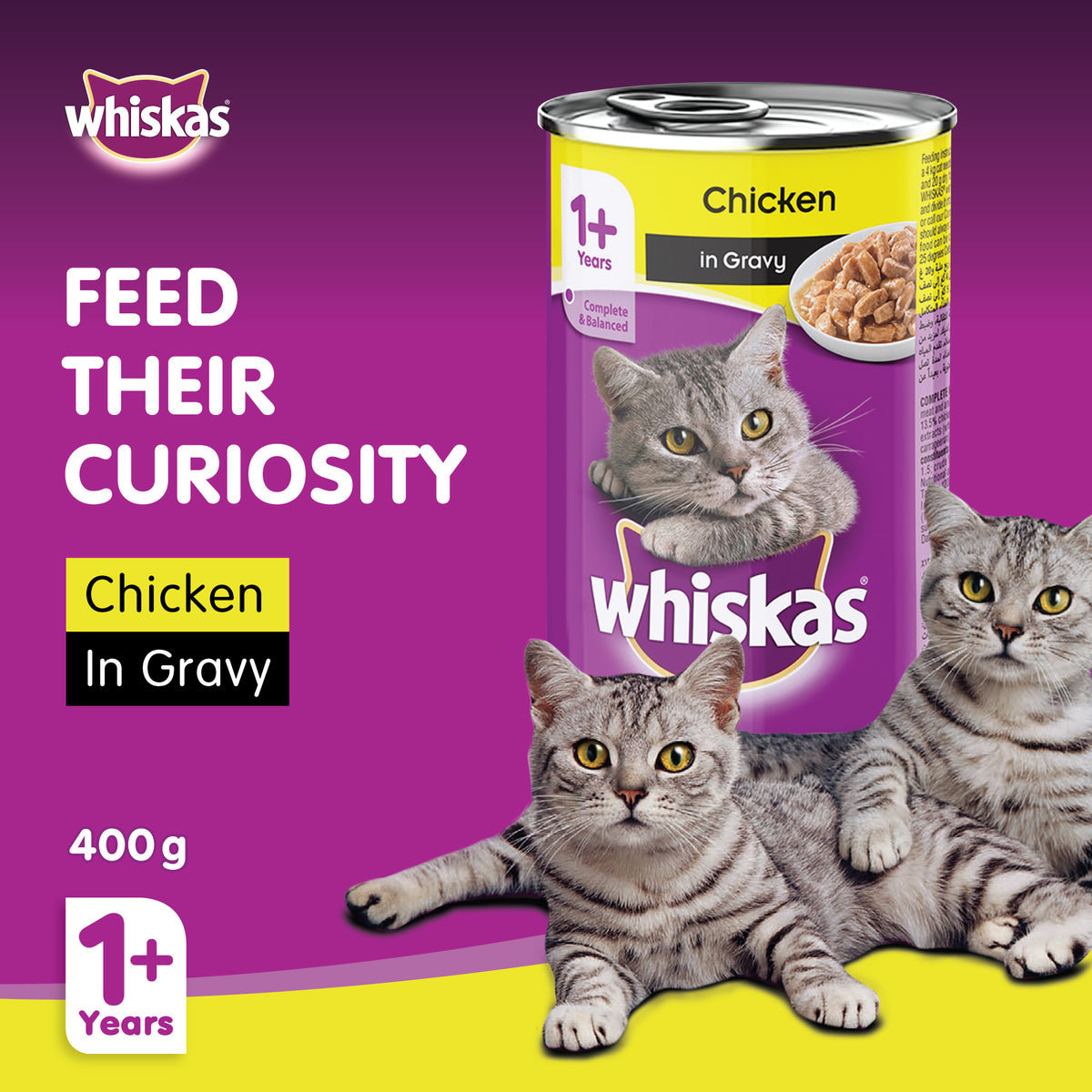 GETIT.QA- Qatar’s Best Online Shopping Website offers WHISKAS CHICKEN IN GRAVY CAN WET CAT FOOD FOR 1+ YEARS ADULT CATS 400 G at the lowest price in Qatar. Free Shipping & COD Available!