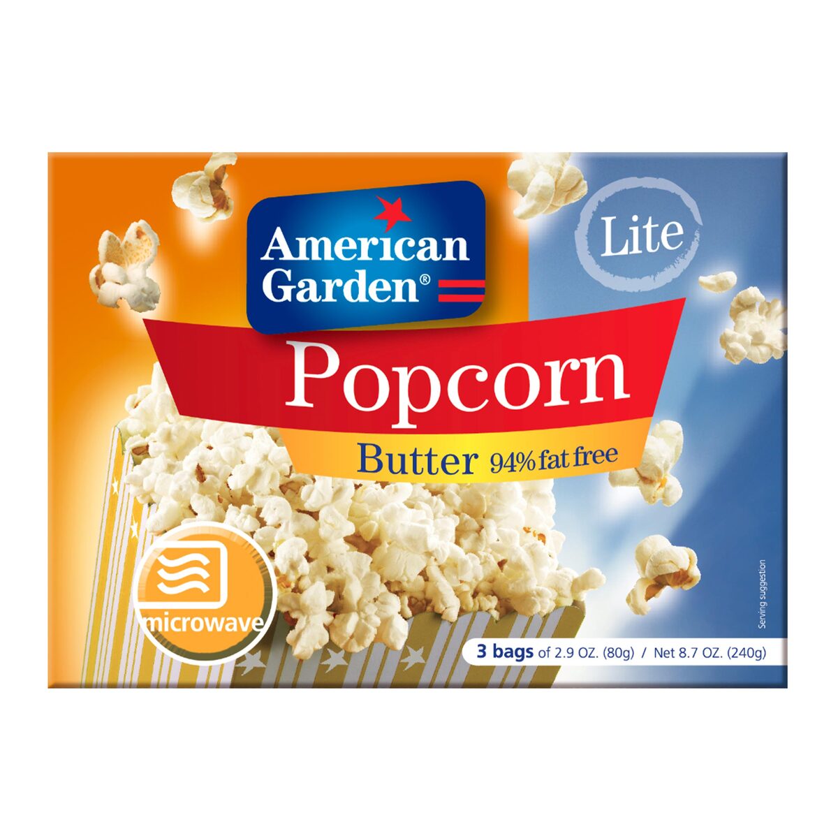 GETIT.QA- Qatar’s Best Online Shopping Website offers AMERICAN GARDEN MICROWAVE BUTTER LITE POPCORN GLUTEN FREE 240 G at the lowest price in Qatar. Free Shipping & COD Available!