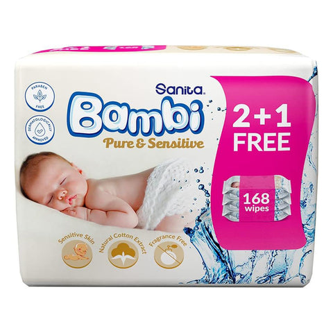 GETIT.QA- Qatar’s Best Online Shopping Website offers SANITA BAMBI WIPES PURE & SENSITIVE 64PCS 2+1 at the lowest price in Qatar. Free Shipping & COD Available!