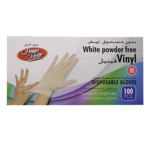 GETIT.QA- Qatar’s Best Online Shopping Website offers HOME MATE WHITE POWDER FREE VINYL DISPOSABLE GLOVES MEDIUM 100PCS
 at the lowest price in Qatar. Free Shipping & COD Available!