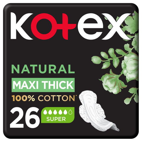 GETIT.QA- Qatar’s Best Online Shopping Website offers KOTEX NATURAL MAXI PROTECT THICK 100% COTTON PAD SUPER SIZE WITH WINGS 26 PCS at the lowest price in Qatar. Free Shipping & COD Available!