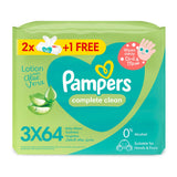 GETIT.QA- Qatar’s Best Online Shopping Website offers PAMPERS COMPLETE CLEAN BABY WIPES WITH ALOE VERA LOTION FOR HANDS & FACE 64 PCS 2+1 at the lowest price in Qatar. Free Shipping & COD Available!