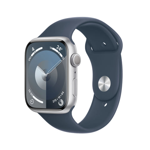 GETIT.QA- Qatar’s Best Online Shopping Website offers APPLE WATCH SERIES 9 GPS, SILVER ALUMINIUM CASE WITH STORM BLUE SPORT BAND, 41 MM, S/M, MR903QA/A at the lowest price in Qatar. Free Shipping & COD Available!