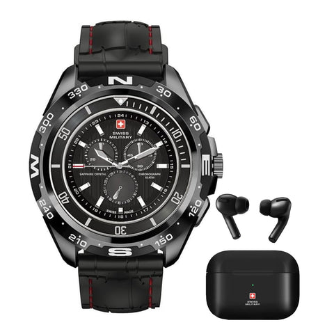 GETIT.QA- Qatar’s Best Online Shopping Website offers SWISS MILITARY SMART WATCH SILICON STRAP DOM BLACK + EARBUDS VICTOR at the lowest price in Qatar. Free Shipping & COD Available!