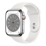 GETIT.QA- Qatar’s Best Online Shopping Website offers APPLE WATCH SERIES 8 GPS + CELLULAR, 45 MM, SILVER STAINLESS STEEL CASE WITH WHITE SPORT BAND, REGULAR at the lowest price in Qatar. Free Shipping & COD Available!