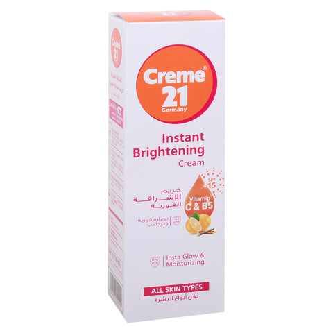 GETIT.QA- Qatar’s Best Online Shopping Website offers CREME 21 INSTANT BRIGHTENING CREAM VITAMIN C & B5 100 ML at the lowest price in Qatar. Free Shipping & COD Available!