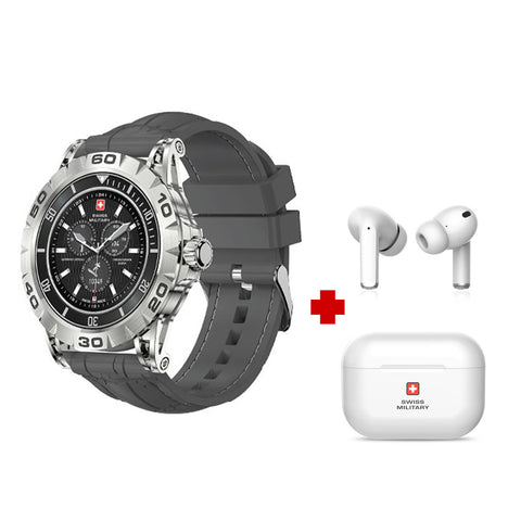 GETIT.QA- Qatar’s Best Online Shopping Website offers SWISS MILITARY SMART WATCH SILICONE STRAP DOM 2 GREY + TWS EARBUDS DELTA at the lowest price in Qatar. Free Shipping & COD Available!