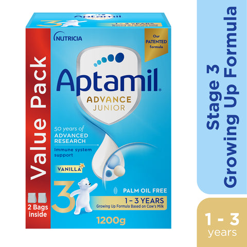 GETIT.QA- Qatar’s Best Online Shopping Website offers APTAMIL ADVANCE JUNIOR STAGE 3 GROWING UP FORMULA VANILLA FLAVOUR FROM 1-3 YEARS 1.2 KG at the lowest price in Qatar. Free Shipping & COD Available!