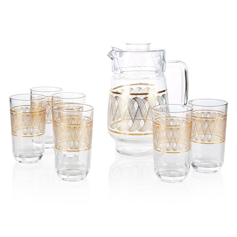 GETIT.QA- Qatar’s Best Online Shopping Website offers CRYSTAL DROPS JUG AND GLASS WATER SET-- 7 PCS-- GOLDEN DESIGN-- W666-T4B at the lowest price in Qatar. Free Shipping & COD Available!