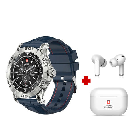 GETIT.QA- Qatar’s Best Online Shopping Website offers SWISS MILITARY SMART WATCH SILICONE STRAP DOM 2 BLUE + TWS EARBUDS DELTA at the lowest price in Qatar. Free Shipping & COD Available!