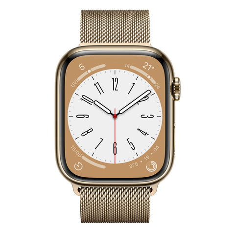 GETIT.QA- Qatar’s Best Online Shopping Website offers APPLE WATCH SERIES 8 GPS + CELLULAR, 45 MM, GOLD STAINLESS STEEL CASE WITH GOLD MILANESE LOOP at the lowest price in Qatar. Free Shipping & COD Available!