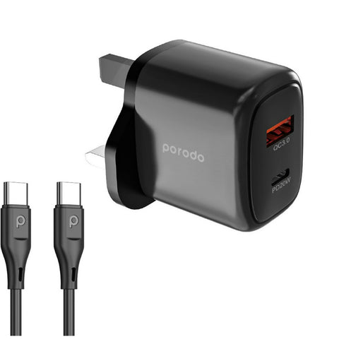 GETIT.QA- Qatar’s Best Online Shopping Website offers PORODO 20 W QC USB A + USB C CHARGER UK WITH USB C TO USB C 1.2M CABLE, BLACK at the lowest price in Qatar. Free Shipping & COD Available!