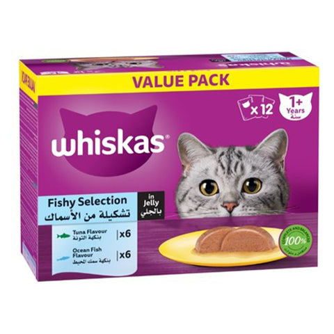 GETIT.QA- Qatar’s Best Online Shopping Website offers WHISKAS FISHY SELECTION IN JELLY CAT FOOD FOR 1+ YEARS VALUE PACK 12 X 80 G
 at the lowest price in Qatar. Free Shipping & COD Available!