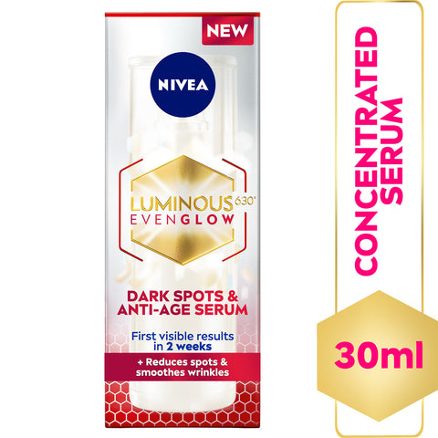 GETIT.QA- Qatar’s Best Online Shopping Website offers NIVEA LUMINOUS 630 EVEN GLOW DARK SPOTS AND ANTI-AGE FACE SERUM WITH HYALURONIC ACID AND SQUALENE 30 ML at the lowest price in Qatar. Free Shipping & COD Available!