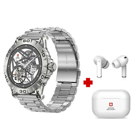 GETIT.QA- Qatar’s Best Online Shopping Website offers SWISS MILITARY SMART WATCH DOM 2 SILVER + TWS EARBUDS DELTA at the lowest price in Qatar. Free Shipping & COD Available!