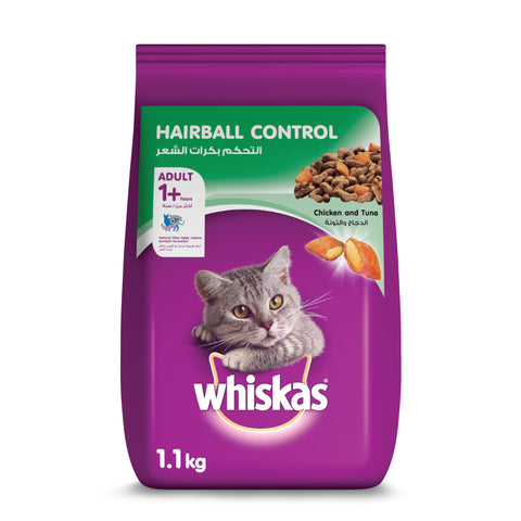 GETIT.QA- Qatar’s Best Online Shopping Website offers WHISKAS CHICKEN & TUNA HAIRBALL CONTROL DRY FOOD FOR ADULT CATS 1.1 KG at the lowest price in Qatar. Free Shipping & COD Available!