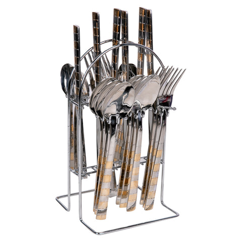 GETIT.QA- Qatar’s Best Online Shopping Website offers CHEFLINE STAINLESS STEEL CUTLERY + STAND GOLD 3MKT 24PCS at the lowest price in Qatar. Free Shipping & COD Available!