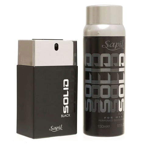 GETIT.QA- Qatar’s Best Online Shopping Website offers SAPIL SOLID BLACK EDT FOR MEN 100ML + DEODORANT VALUE PACK 150ML at the lowest price in Qatar. Free Shipping & COD Available!