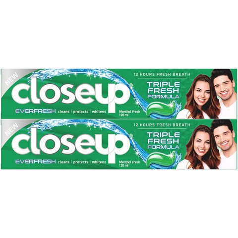 GETIT.QA- Qatar’s Best Online Shopping Website offers CLOSEUP EVER FRESH TRIPLE FRESH FORMULA MENTHOL FRESH TOOTHPASTE VALUE PACK 2 X 120 G at the lowest price in Qatar. Free Shipping & COD Available!