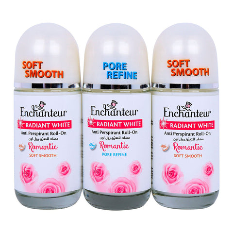 GETIT.QA- Qatar’s Best Online Shopping Website offers ENCHANTEUR RADIANT WHITE ANTI-PERSPIRANT ROLL ON ASSORTED 3 X 50ML at the lowest price in Qatar. Free Shipping & COD Available!