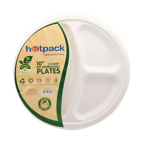 GETIT.QA- Qatar’s Best Online Shopping Website offers HOTPACK BIO-DEGRADABLE PAPER PLATES 3 COMP 10"" 10PCS at the lowest price in Qatar. Free Shipping & COD Available!