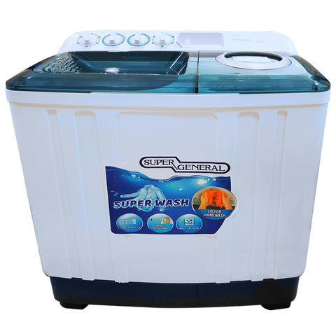 GETIT.QA- Qatar’s Best Online Shopping Website offers SUPER GENERAL TOP LOAD TWIN-TUB SEMI-AUTOMATIC WASHING MACHINE, 14 KG, WHITE/BLUE, SGW155 at the lowest price in Qatar. Free Shipping & COD Available!