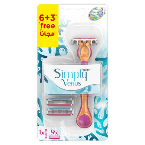 GETIT.QA- Qatar’s Best Online Shopping Website offers GILLETTE SIMPLY VENUS 3IN1 REFILLABLE WOMEN'S SMOOTH RAZOR1 HANDLE +Â BLADE REFILLS 6+3 at the lowest price in Qatar. Free Shipping & COD Available!