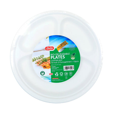 GETIT.QA- Qatar’s Best Online Shopping Website offers LULU BIO-DEGRADABLE PLATES 3 COMPARTMENT SIZE 10 INCH 10PCS at the lowest price in Qatar. Free Shipping & COD Available!