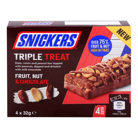 GETIT.QA- Qatar’s Best Online Shopping Website offers MARS SNICKERS TRIPLE TREAT FRUIT & NUT CHOCOLATE BAR 4 X 32 G at the lowest price in Qatar. Free Shipping & COD Available!