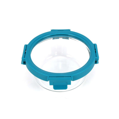 GETIT.QA- Qatar’s Best Online Shopping Website offers CHEFLINE ROUND FOOD STORAGE GLASS CONTAINER WITH LID-- BLUE (TEAL BLUE)-- 650 ML at the lowest price in Qatar. Free Shipping & COD Available!