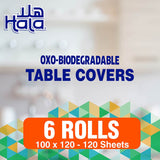 GETIT.QA- Qatar’s Best Online Shopping Website offers HALA OXO BIODEGRADABLE TABLE COVERS SIZE 100 X100 120 SHEET 6 ROLLS at the lowest price in Qatar. Free Shipping & COD Available!