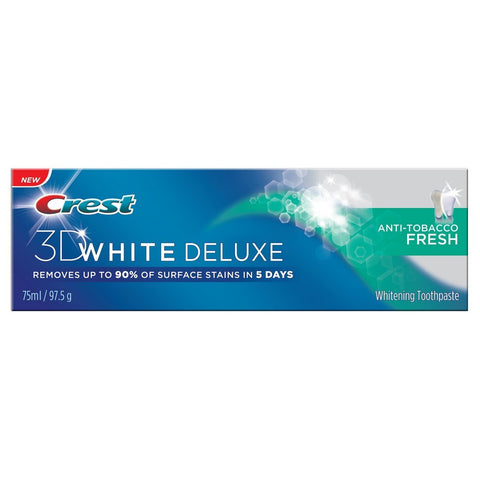 GETIT.QA- Qatar’s Best Online Shopping Website offers CREST 3D WHITE DELUXE ANTI-TOBACCO FRESH WHITENING TOOTHPASTE 75ML at the lowest price in Qatar. Free Shipping & COD Available!