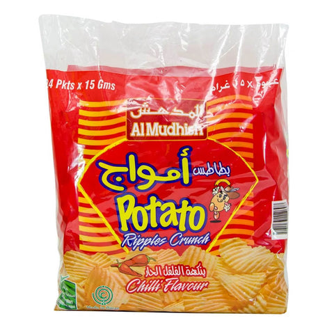GETIT.QA- Qatar’s Best Online Shopping Website offers Al Mudhish Potato Ripples Crunch Chilli Flavour, 24 x 15 g at lowest price in Qatar. Free Shipping & COD Available!