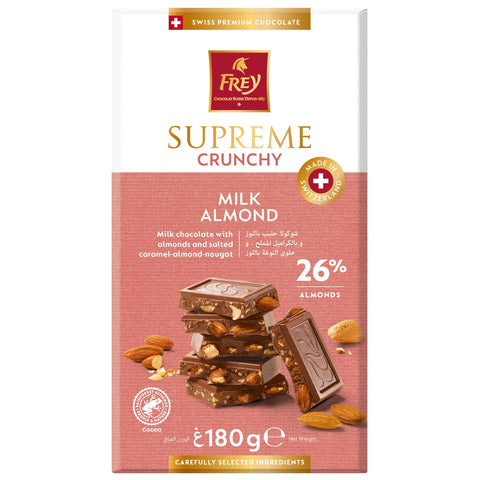 GETIT.QA- Qatar’s Best Online Shopping Website offers FREY SUPREME CRUNCHY ALMOND MILK CHOCOLATE BAR 180 G at the lowest price in Qatar. Free Shipping & COD Available!