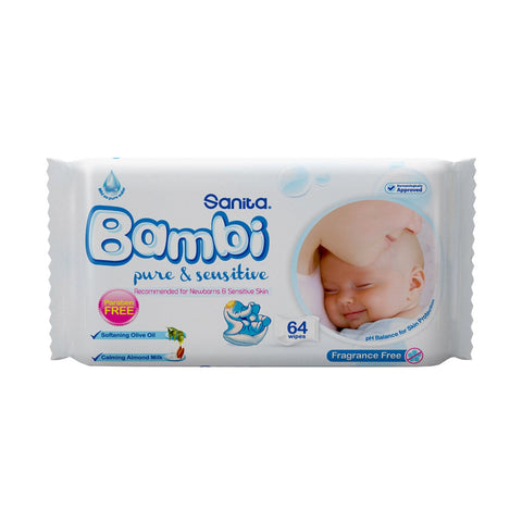 GETIT.QA- Qatar’s Best Online Shopping Website offers SANITA BAMBI WIPES PURE & SENSITIVE 64PCS at the lowest price in Qatar. Free Shipping & COD Available!