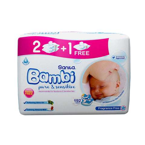 GETIT.QA- Qatar’s Best Online Shopping Website offers SANITA BAMBI WIPES PURE & SENSITIVE 64PCS 2+1 at the lowest price in Qatar. Free Shipping & COD Available!