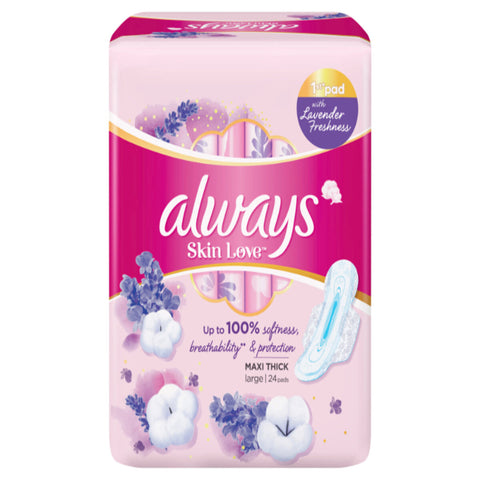 GETIT.QA- Qatar’s Best Online Shopping Website offers ALWAYS SKIN LOVE PADS LAVENDER FRESHNESS THICK & LARGE 24PCS at the lowest price in Qatar. Free Shipping & COD Available!
