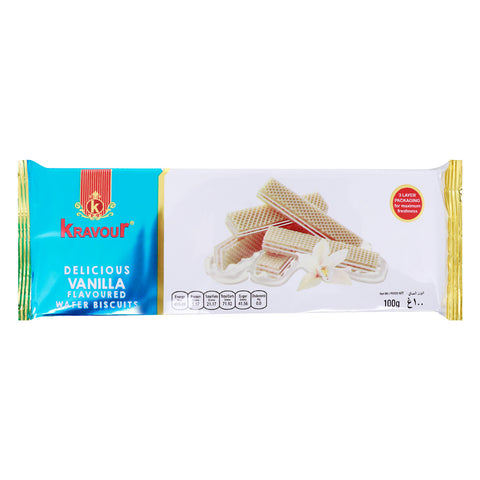 GETIT.QA- Qatar’s Best Online Shopping Website offers KRAVOUR WAFER BISCUIT WITH VANILLA FLAVOUR 100 G at the lowest price in Qatar. Free Shipping & COD Available!
