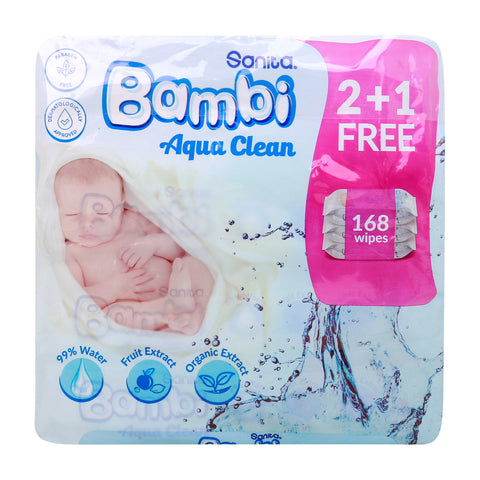 GETIT.QA- Qatar’s Best Online Shopping Website offers SANITA BAMBI AQUA CLEAN BABY WET WIPES 56 PCS 2+1 at the lowest price in Qatar. Free Shipping & COD Available!